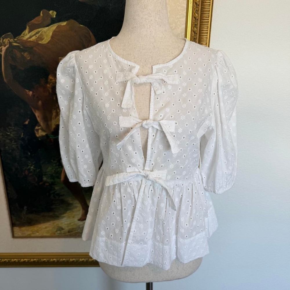 Cottagecore Front Tie Eyelet Blouse